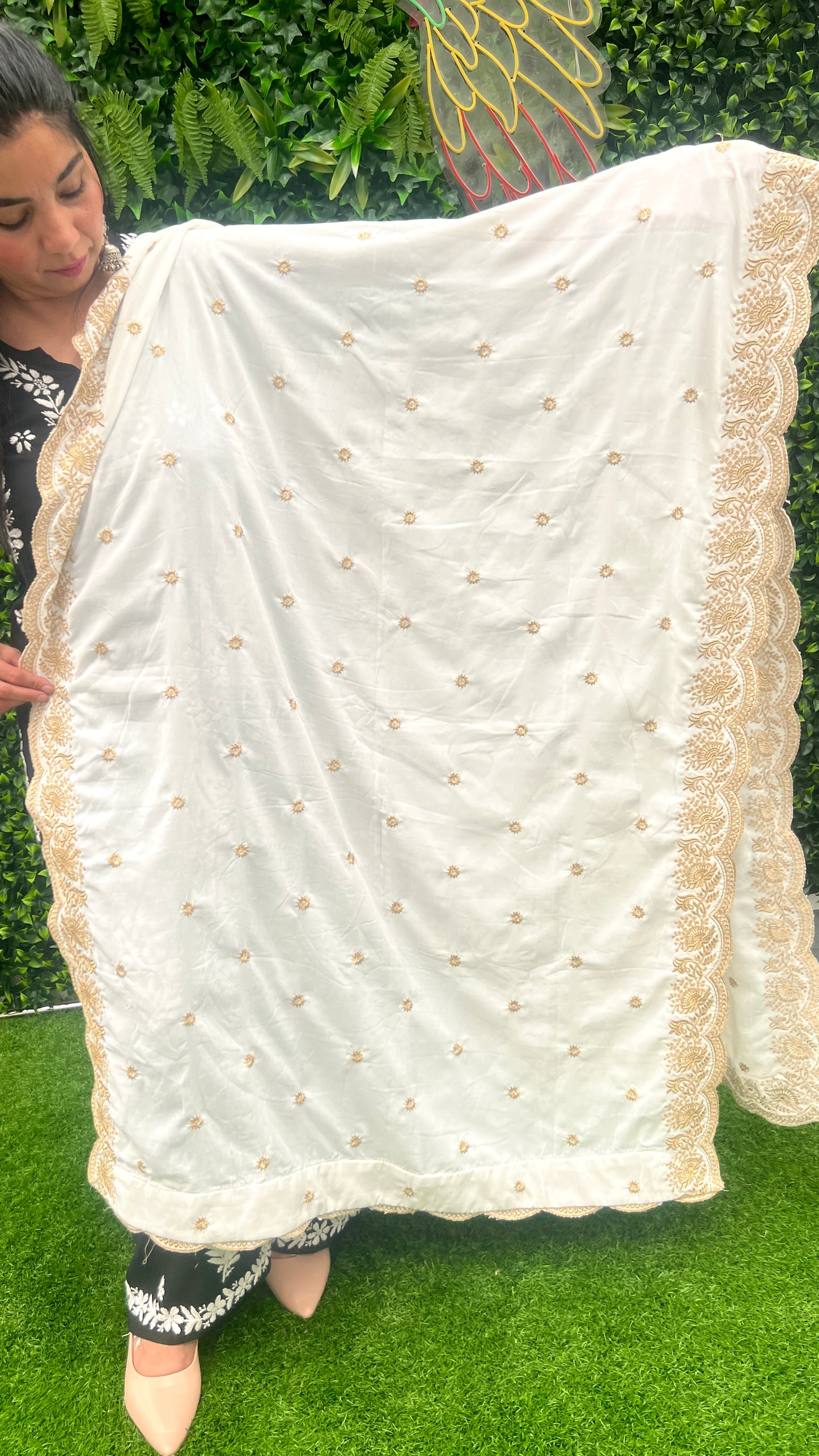 White Velvet Shawl with Delicate Golden Embroidery and Cutwork Border