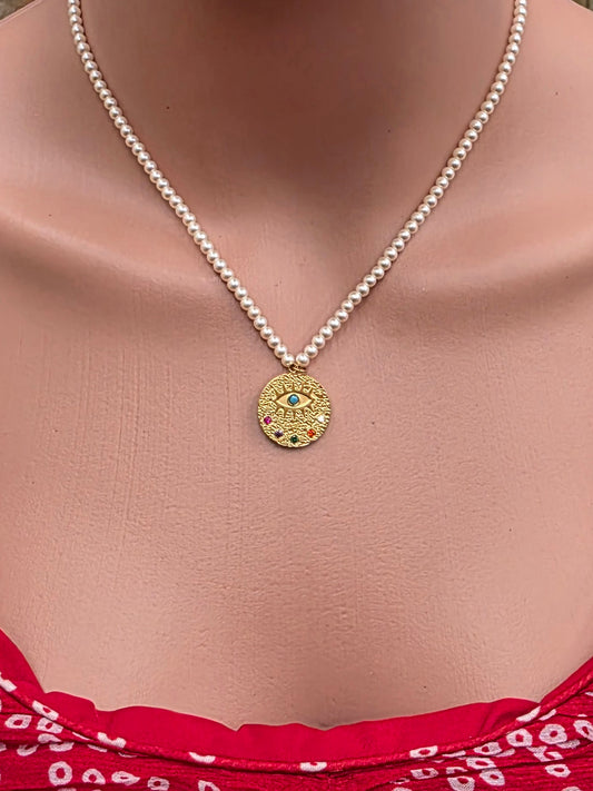 18K Gold-Plated Evil Eye Necklace Pearl Chain – Waterproof