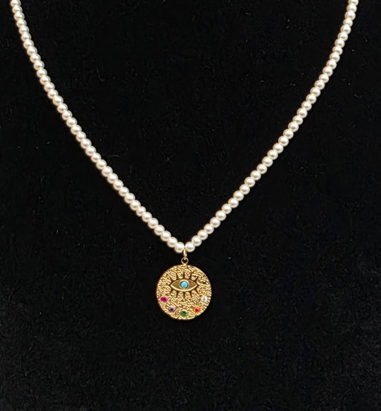 18K Gold-Plated Evil Eye Necklace Pearl Chain – Waterproof