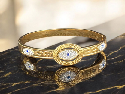 Evil Eye Cuff Bracelet with CZ Stones – 18K Gold Plated, Waterproof & Hypoallergenic