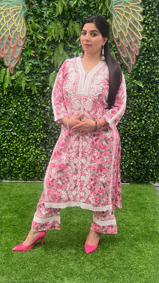 Mulmul Cotton Kurta & Pant Set in Chikankari Handwork