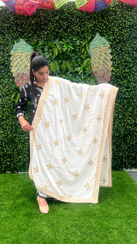 White velvet shawl with delicate golden embroidery