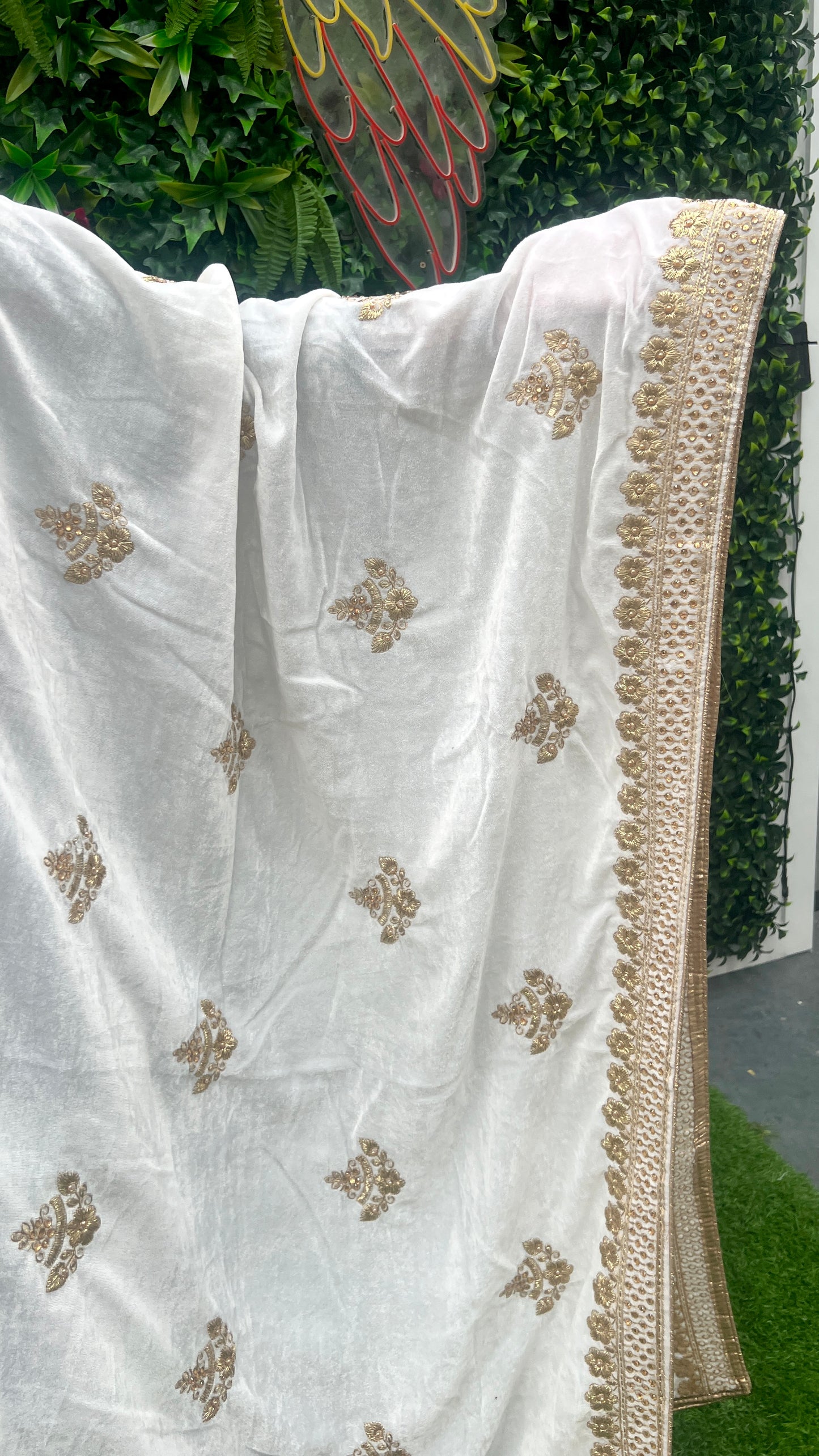 White velvet shawl with delicate golden embroidery
