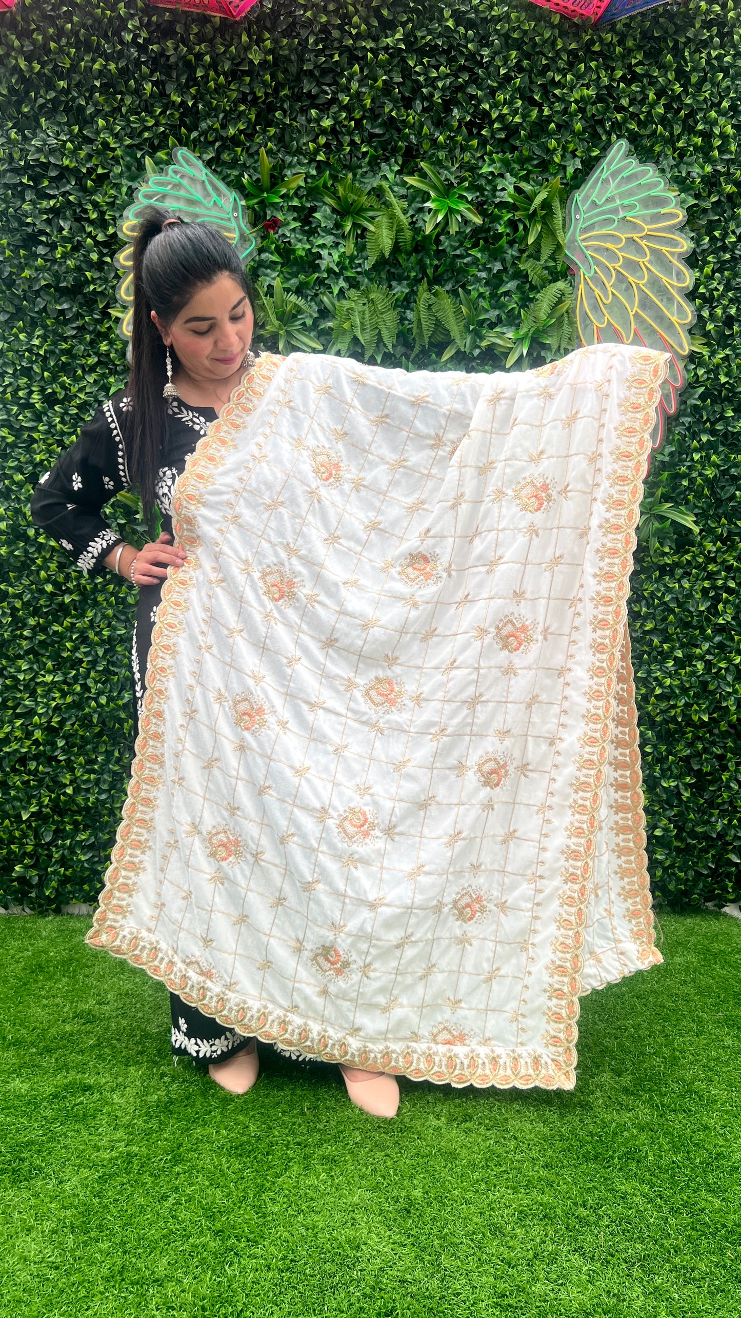 White Velvet Shawl with Golden Embroidery, Cutwork, and Peach Accents