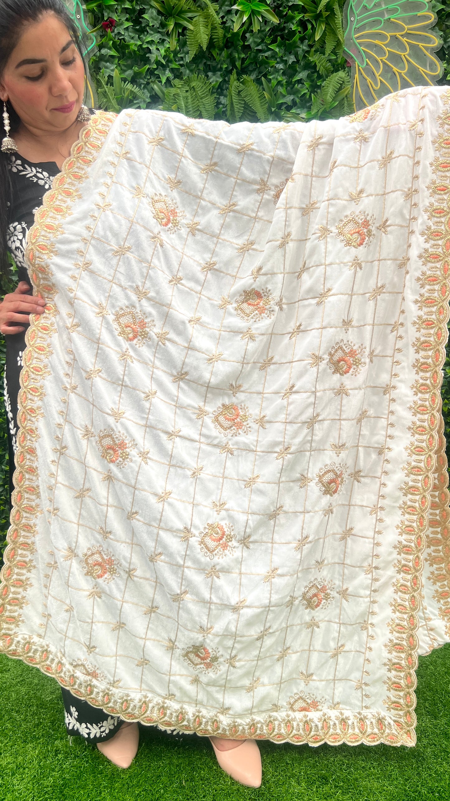 White Velvet Shawl with Golden Embroidery, Cutwork, and Peach Accents