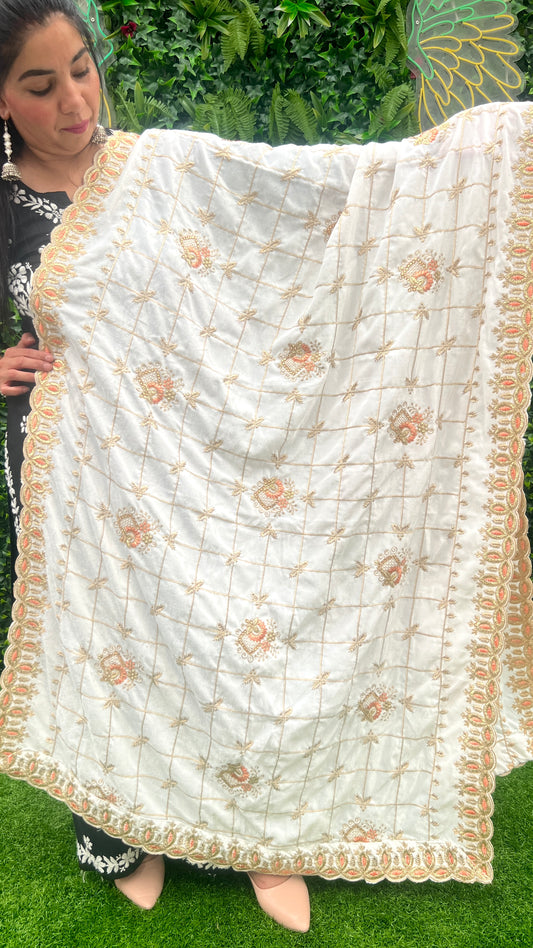 White Velvet Shawl with Golden Embroidery, Cutwork, and Peach Accents