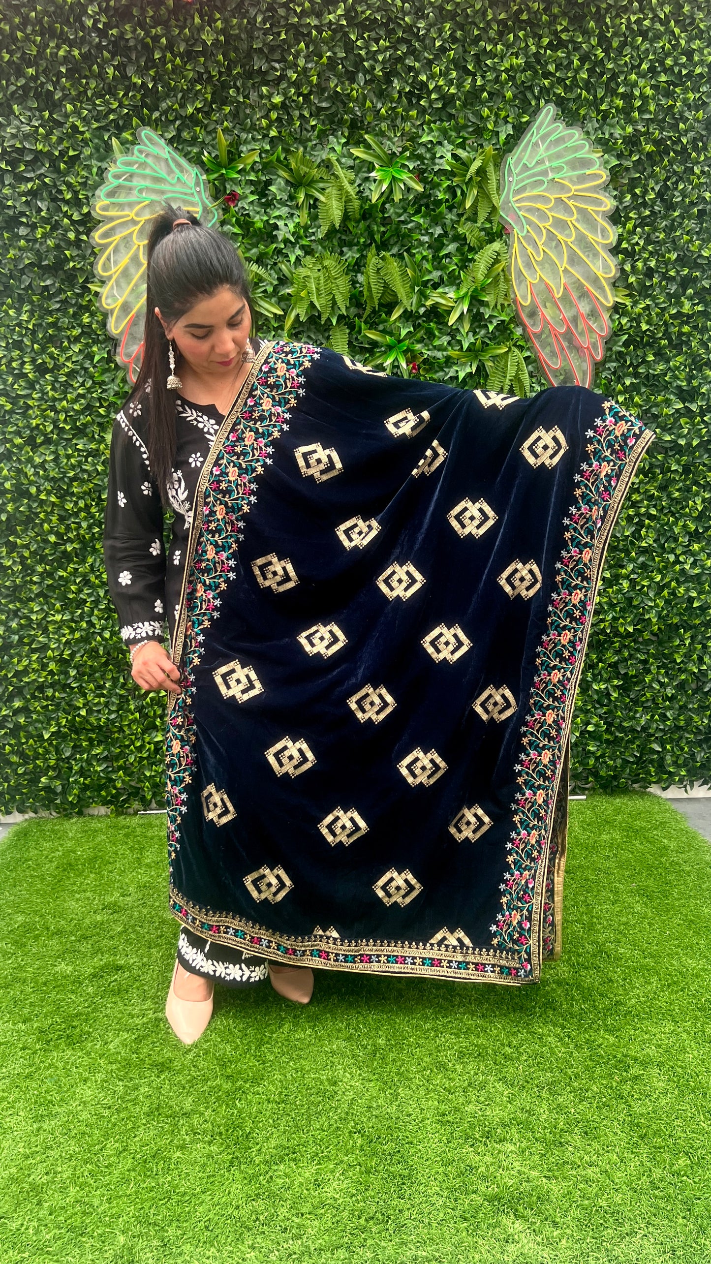 Velvet Shawl with Intricate Colored Embroidery