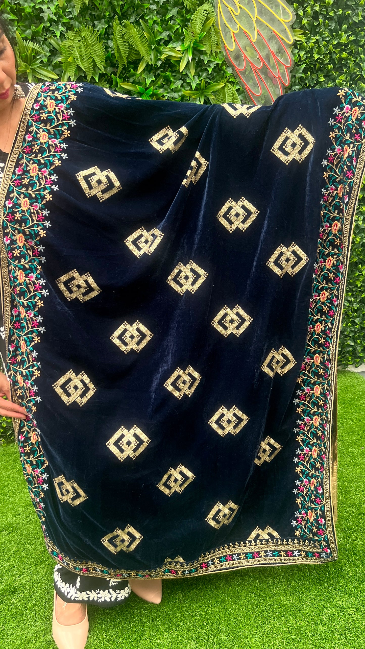 Velvet Shawl with Intricate Colored Embroidery
