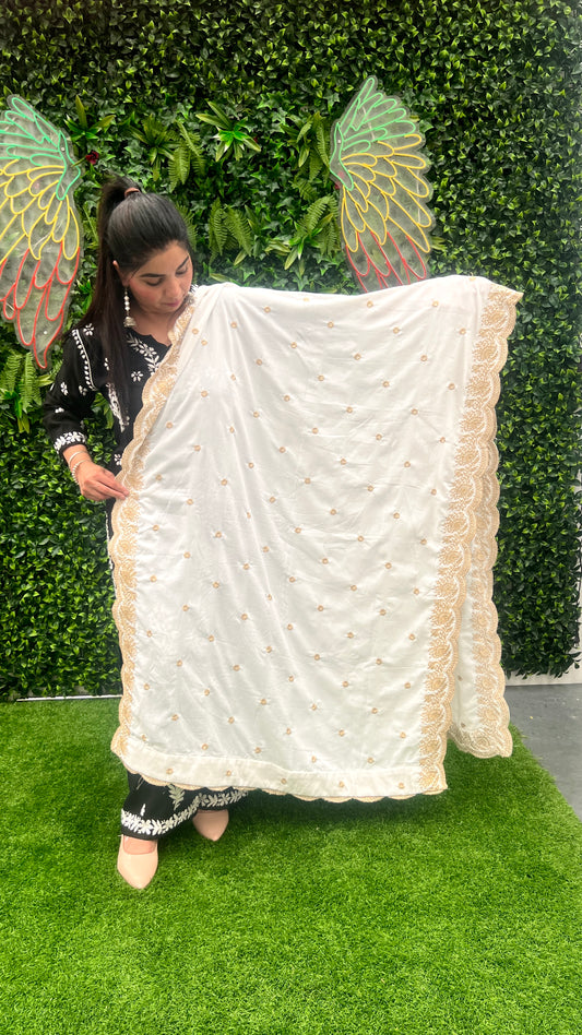 White Velvet Shawl with Delicate Golden Embroidery and Cutwork Border