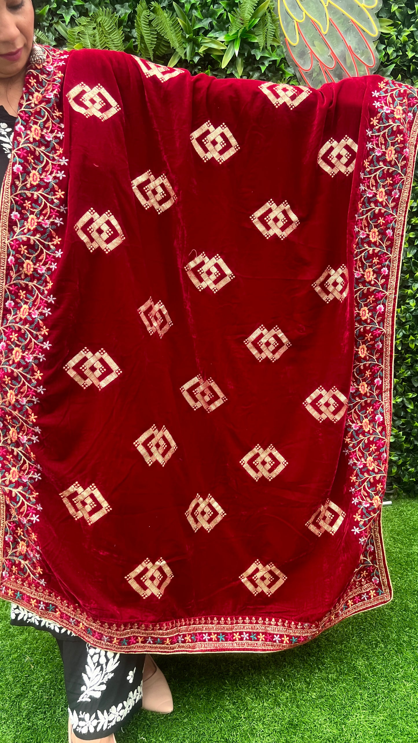 Velvet Shawl with Intricate Colored Embroidery